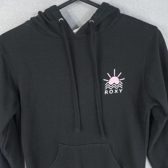 Roxy Hoodie Womens Small Black Pullover Long Sleeve Kangaroo Pockets Graphic - Picture 2 of 8